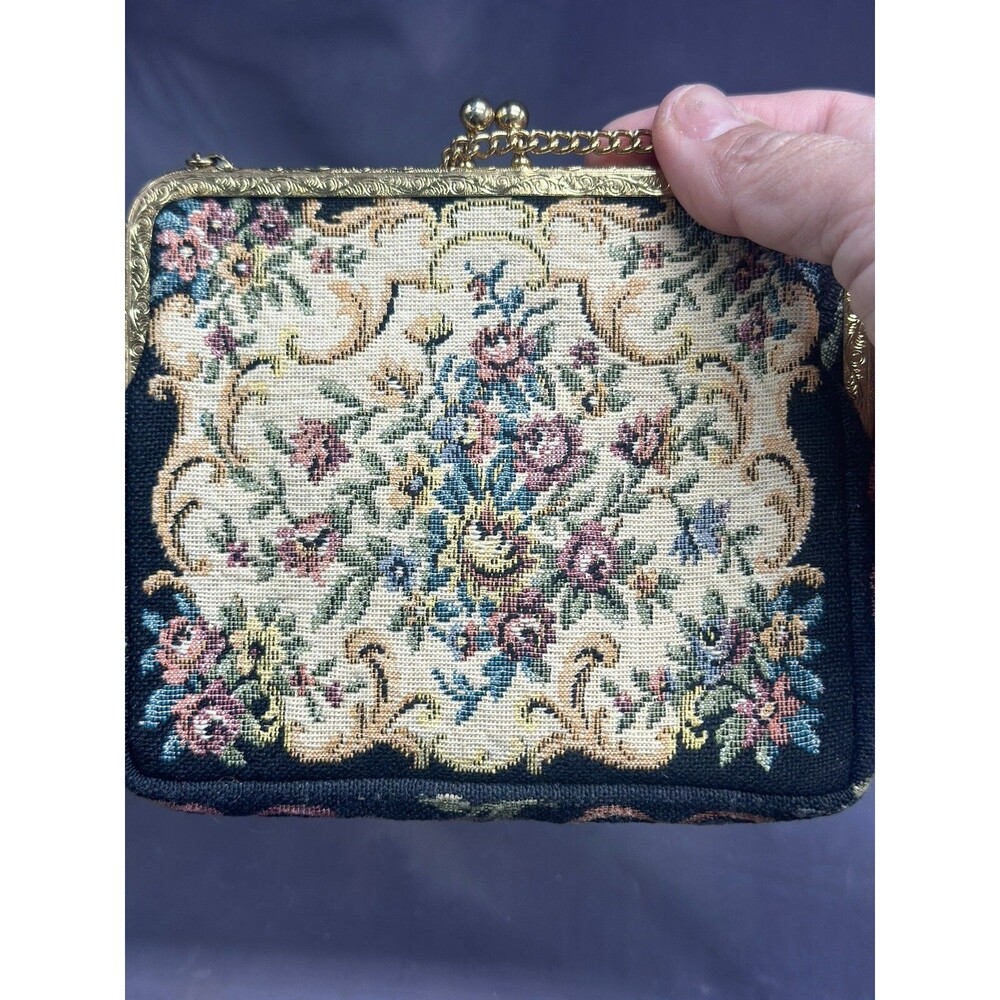 Vintage Floral Petit Point Brass Snap Purse Chain Cream Silk Lining W Germany